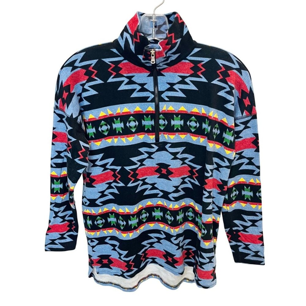 Chaps Ralph Lauren Black Multicolor Aztec Quarter Zip Sweater - Size Small